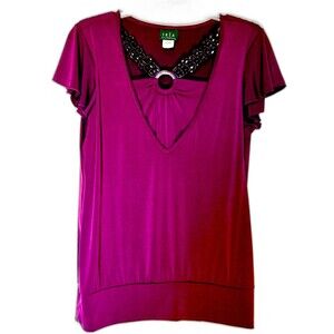 Y2K JKLA California Women’s Beaded V-Neck Top Purple Short Sleeve Sz L USA